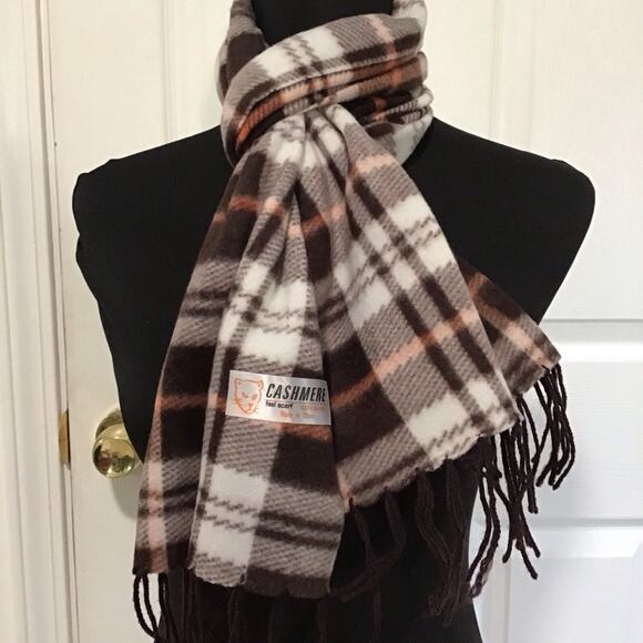 Women’s Plaid Cashmere Feel Scarf Multicolor Brown Soft Fringe Wrap 57x11.5 - Picture 9 of 10